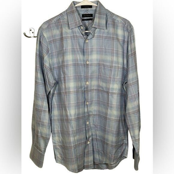John W.‎ Nordstrom Men's Size M Tailored Blue Plaid Shirt 100% Egyptian Cotton - Picture 1 of 7